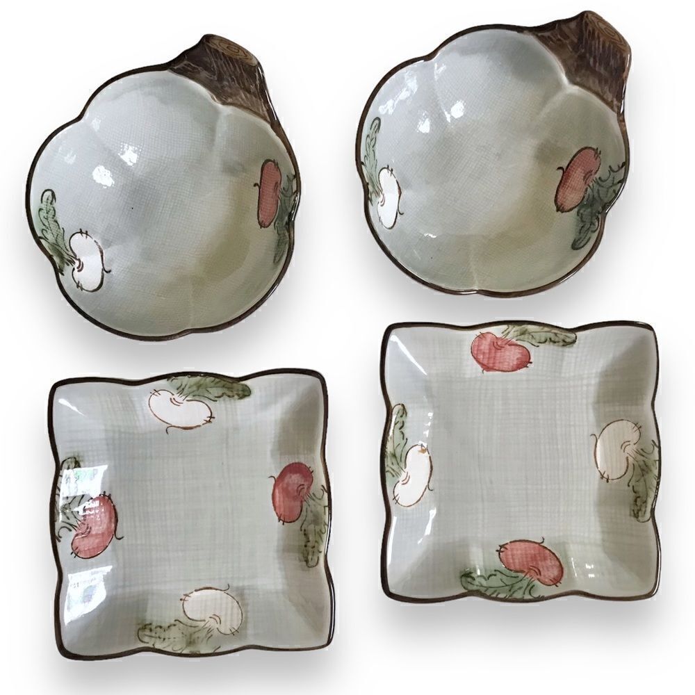 Vintage Veggie Criss Cross Fruit Dessert Serving Bowl Square Plate Set of 4
